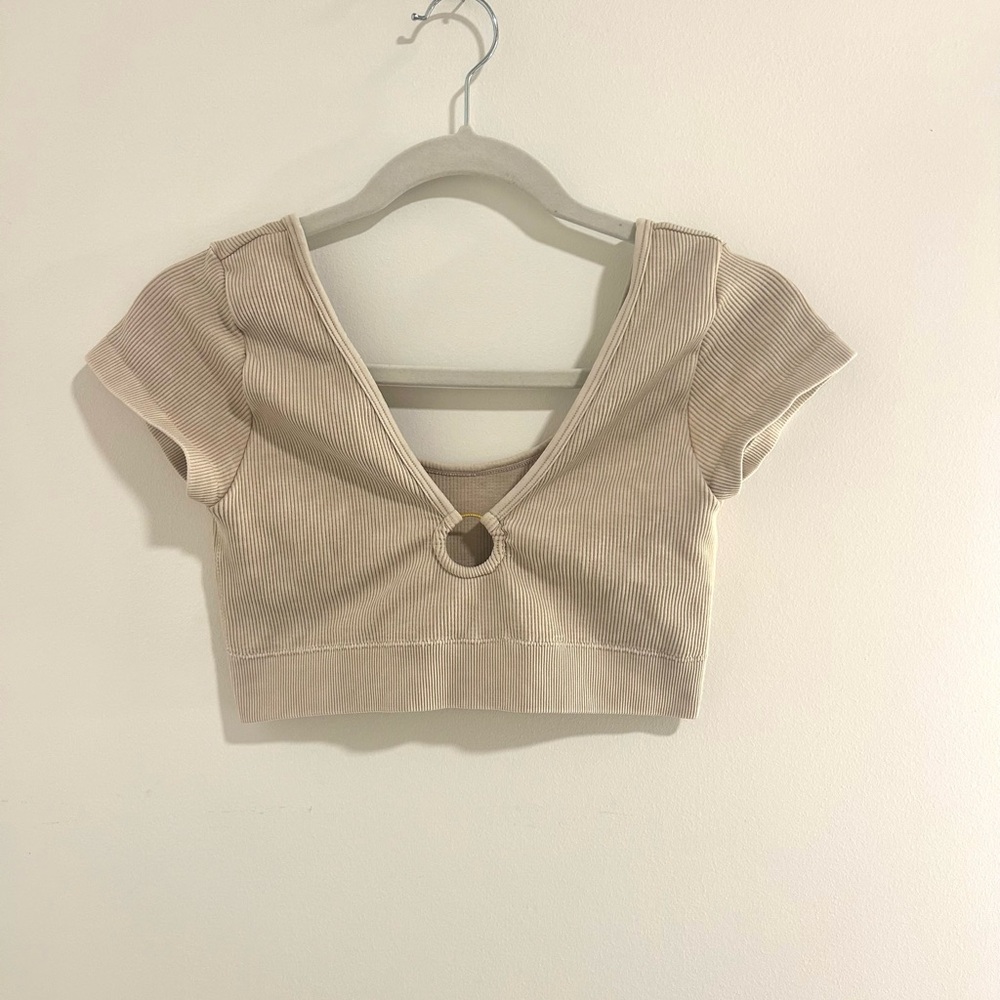Aerie Tan Cap Sleeve Cut Out Crop Top